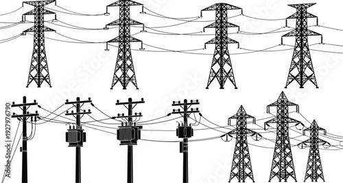 Electric power transmission tower and utility pole set, high voltage pylons with transformers vector silhouette isolated background