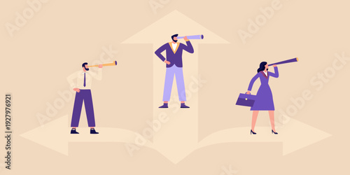 Business professionals looking through telescopes towards a bright future ahead