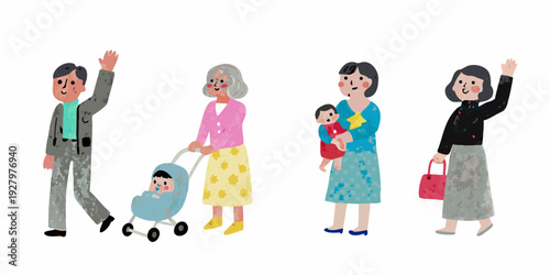 A diverse family group waving including grandparents and young children