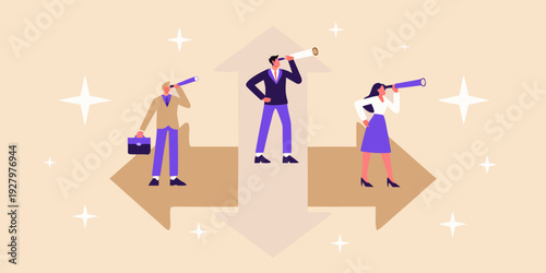 People looking through telescopes on diverging path arrows a conceptual illustration