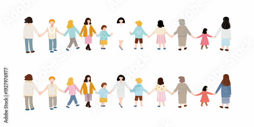 Diverse group of people holding hands in a connected line formation