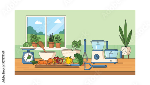 Healthy kitchen scene with fresh vegetables and cooking tools