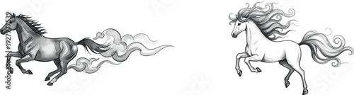 Two running horses in black and white, one with smoke-like tail and one with flowing mane and tail, isolated on white background