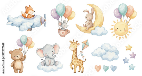 Cute watercolor nursery set with baby animals on clouds, balloons, sun, moon, stars, hearts, airplane, fox. Collection of Vector illustrations. Perfect for invitation, card, poster, banner, decor