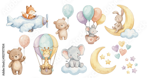 Watercolor nursery clipart set with baby animals, balloons, airplane, fox, bunny, moon, giraffe, air balloon, cloud and stars. Collection of Vector illustrations. Perfect for invitation, card, poster