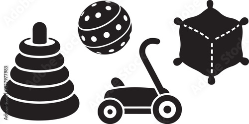 Four black silhouette baby toys on white background