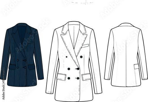 CAD Drawing Flat Vector Illustration of Men’s Formal Blazer Jacket Pinstripe Double-Breasted Tailored Fit Business Suit Template