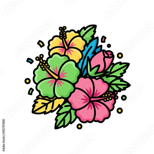 Colorful hibiscus flowers arrangement with leaves on white background  