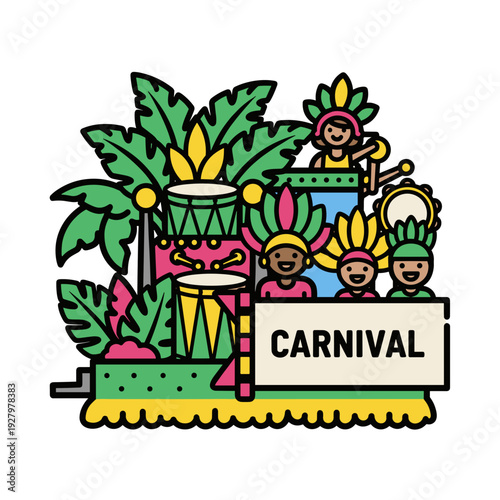 Colorful carnival float with dancers and tropical plants  