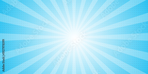 Comic background. Pop art texture. Starburst cartoon style. Anime design with explosion effect for print. Fun dot pattern. Blue backdrop with halftone gradient.