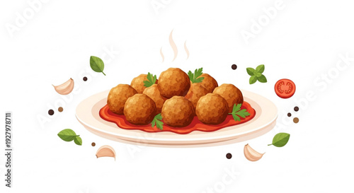 National Meatball Day Golden-Brown Meatballs with Tomato Sauce and Fresh Herbs Vector Illustration
