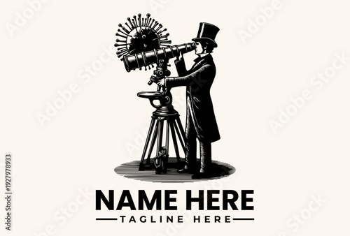 A man in a top hat operates a vintage camera with a large sunburst-shaped lens on a tripod, standing against a plain background with space for a logo and tagline.