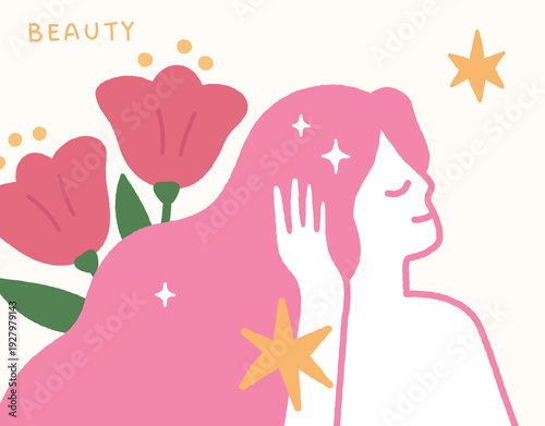Skin care concept handdrawn illustration with beautiful woman and flowers.
