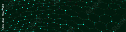 A vibrant hexagonal grid gently curves like a living digital fabric. A futuristic hexagonal background. Glowing nodes are connected by lines, forming a honeycomb structure.