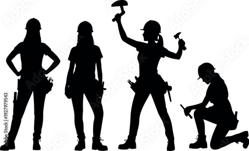 Female Construction Worker Silhouette Set Builder Woman Vector Illustration with Repair Tools Labor Occupation Industrial Workforce Design