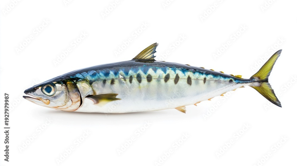 Fototapeta premium Mackerel in Isolation: A detailed shot of a single mackerel showcases its iridescent scales and sleek form, presenting the beauty of aquatic life in sharp relief.