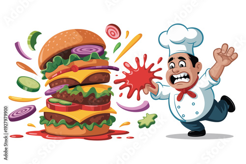 Angry chef recoiling from massive hamburger explosion with red sauce splatter vector illustration