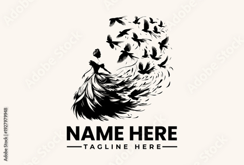 Black and white illustration of a woman with birds emerging from her dress, surrounded by a clean white background, conveying a sense of freedom and empowerment with a minimalist style.