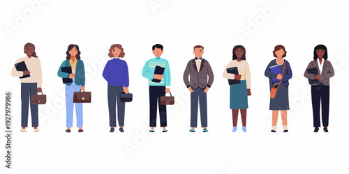Diverse group of professionals standing in a row holding briefcases