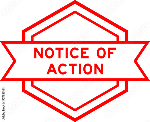 Vintage red color round label banner with word notice of action on white background