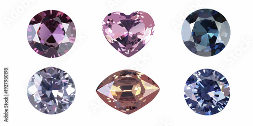 An assortment of six uniquely cut and colored gemstones on a white background