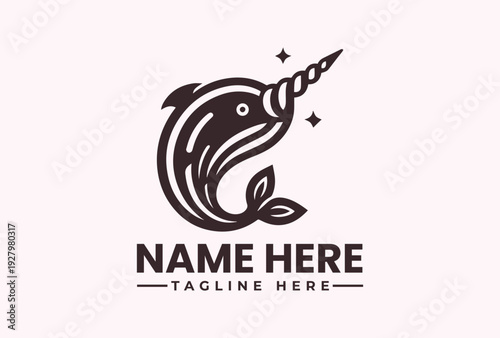 A stylized narwhal logo with a unicorn horn surrounded by sparkles on a pale background, with space for a custom name and tagline.