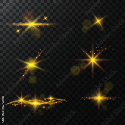 Sparkling star, sunburst particles, golden shimmering bokeh lights and sequins.