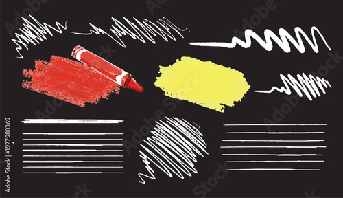 A collection of hand-drawn crayon elements set against a dark chalkboard-style background. The set includes various white scribbles, zig-zag lines, and straight ruled lines that mimic chalk or crayons