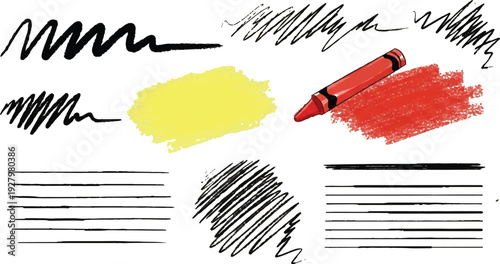 A diverse collection of hand-drawn design elements featuring a vibrant red crayon with a textured rubbing, a bright yellow wax swatch, and various black ink scribbles and ruled lines.