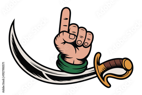 Pirate sabre with foam finger, buccaneer blade with pointing hand, sports fan emblem, sword with number one sign