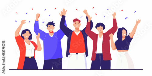 A group of diverse people celebrating with arms raised in joy