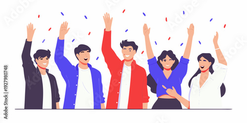 Diverse group of people celebrating with arms raised in excitement