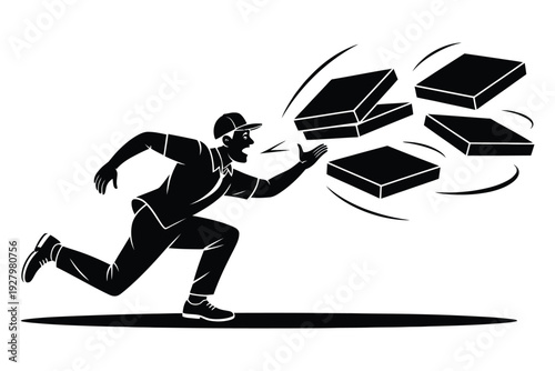 Pizza delivery man running fast with falling pizza boxes monochrome silhouette courier in motion vector illustration