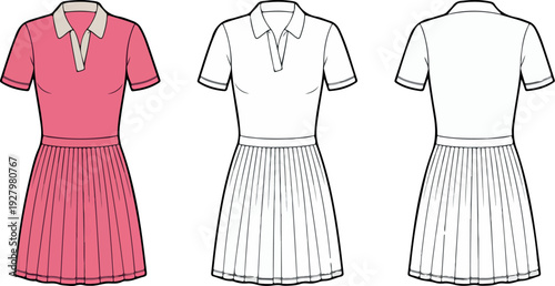 Pleated Tennis Dress Women’s Sportswear CAD Flat Sketch Vector Technical Drawing Polo Collar Short Sleeve Activewear Apparel Template