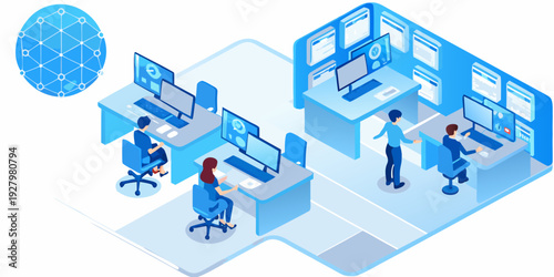 Isometric illustration of a modern office space with data network visualization