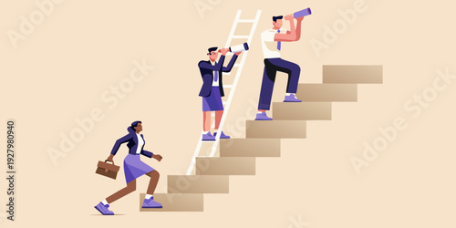 Business professionals ascend stairs one using a telescope for forward vision