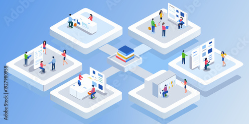 Isometric illustration depicting interconnected network of people and data systems