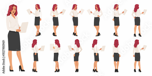 A businesswoman shown in multiple poses with documents in hand