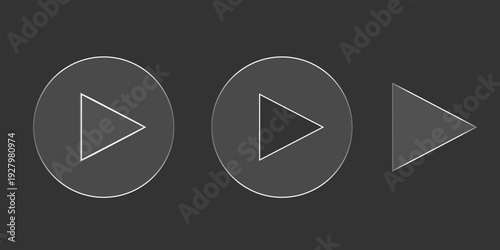 Glassmorphism Play Button Icons with Transparent Grid Background, Frosted Glass Multimedia Interface Elements