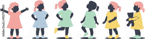 Comprehensive Pastel Toned Little Girl Illustration Set Featuring Vector Symbols of Child Dancing Holding Teddy Bear and Joyful Poses