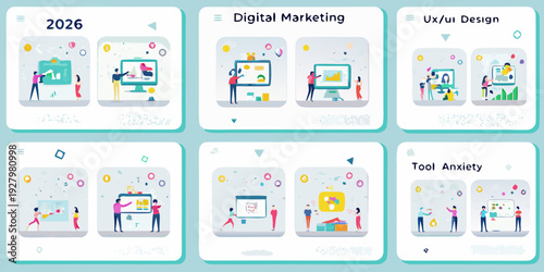 Digital marketing and technology concepts illustrated in a colorful grid layout