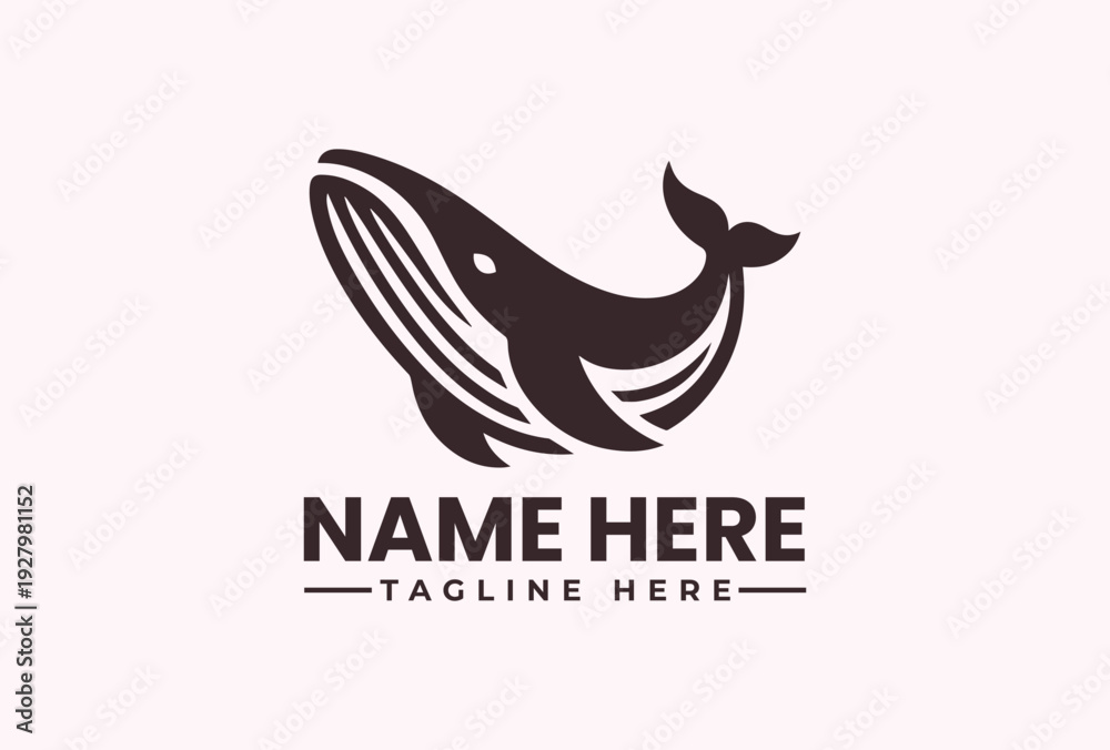 Fototapeta premium A simple black whale logo with a customizable name and tagline on a light pink background, featuring a vector illustration style with a minimalist design.
