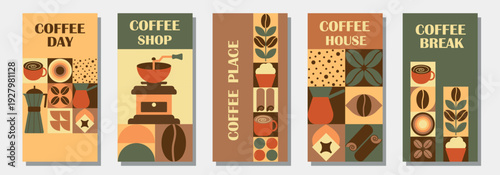 Coffee Themed Geometric Banners Collection. Abstract geometric background. Coffee icons, design with simple shapes for coffee shops, product packaging, cafe