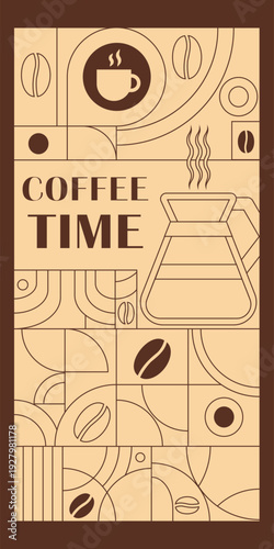Coffee Themed Geometric Banners Collection. Hand drawn illustration of Coffee. Abstract geometric line background. Coffee icons, with simple shapes for coffee shops, product packaging, cafe