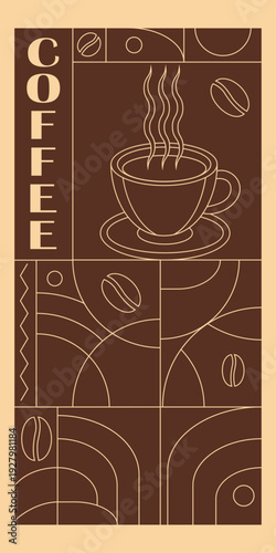 Coffee Themed Geometric Banners Collection. Hand drawn illustration of Coffee. Abstract geometric line background. Coffee icons, with simple shapes for coffee shops, product packaging, cafe