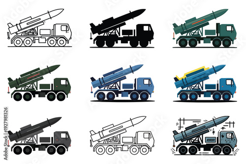 Set of nine mobile missile launcher truck icons showing military vehicle variations in different styles
