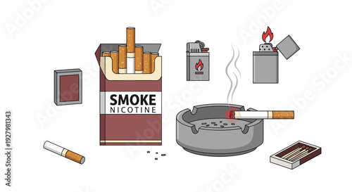 An assortment of smoking items including an open cigarette pack, a lit cigarette in an ashtray, and two lighters are arranged on a clean white background.