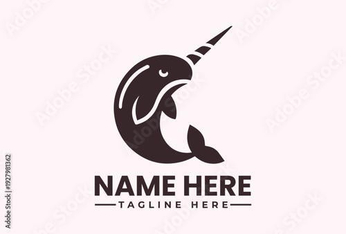 A minimalist illustration of a narwhal logo with a horn on a light pink background, featuring placeholder text for a name and tagline.