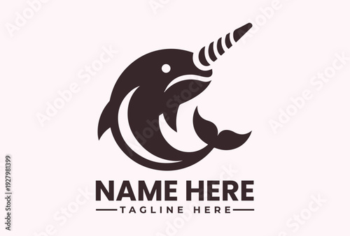 A stylized illustration of a narwhal logo with a placeholder name and tagline on a soft pink background, featuring a vector graphic design.