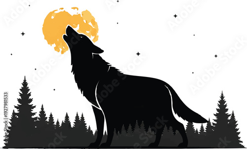 A striking minimalist silhouette of a majestic wolf howling at a large, glowing full moon.